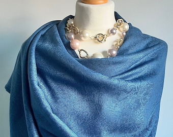 Cyan Blue Scarf, Cashmere & Silk Pashmina Shawl, Silk Wedding Wrap, Gift for Her, Wide and Long Evening Shoulder Wrap Shawl, UK