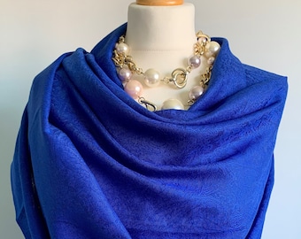 Royal Blue Scarf, Silk & Cashmere Pashmina Shawl, Silk Wedding Shawl, Elegant Wide and Long Evening Shoulder Wrap UK Brilliant Blue ,Navy