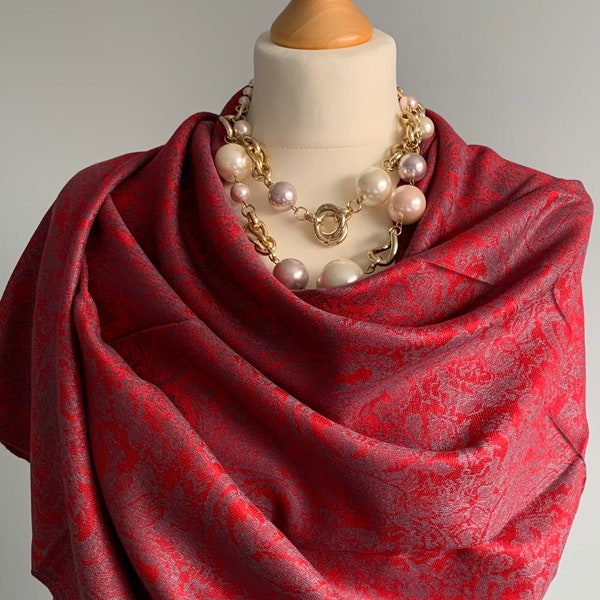 Red Silver Grey Cashmere & Silk Pashmina  scarf  Silk Wedding Shawl  Red Scarf, Grey Scarf, Long and Wide Pashmina Shawl Unique Present UK