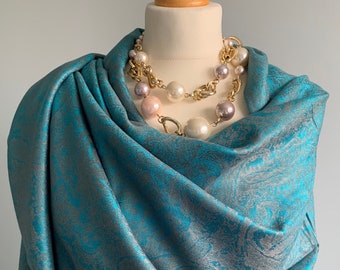 Aqua Scarf, Cyan, Teal, Beige, Blue Cashmere & Silk Pashmina Wedding Shawl, Warm Shoulder Wrap Scarf, Luxury Gift For Her UK