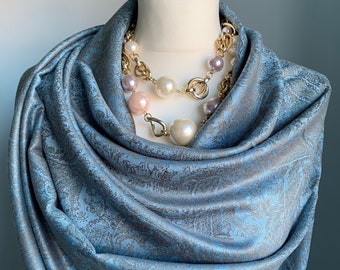 Beige Blue Cashmere & Silk Pashmina Wedding Shawl, Warm Scarf, Gift For Her, Wide Shoulder Wrap UK Seller