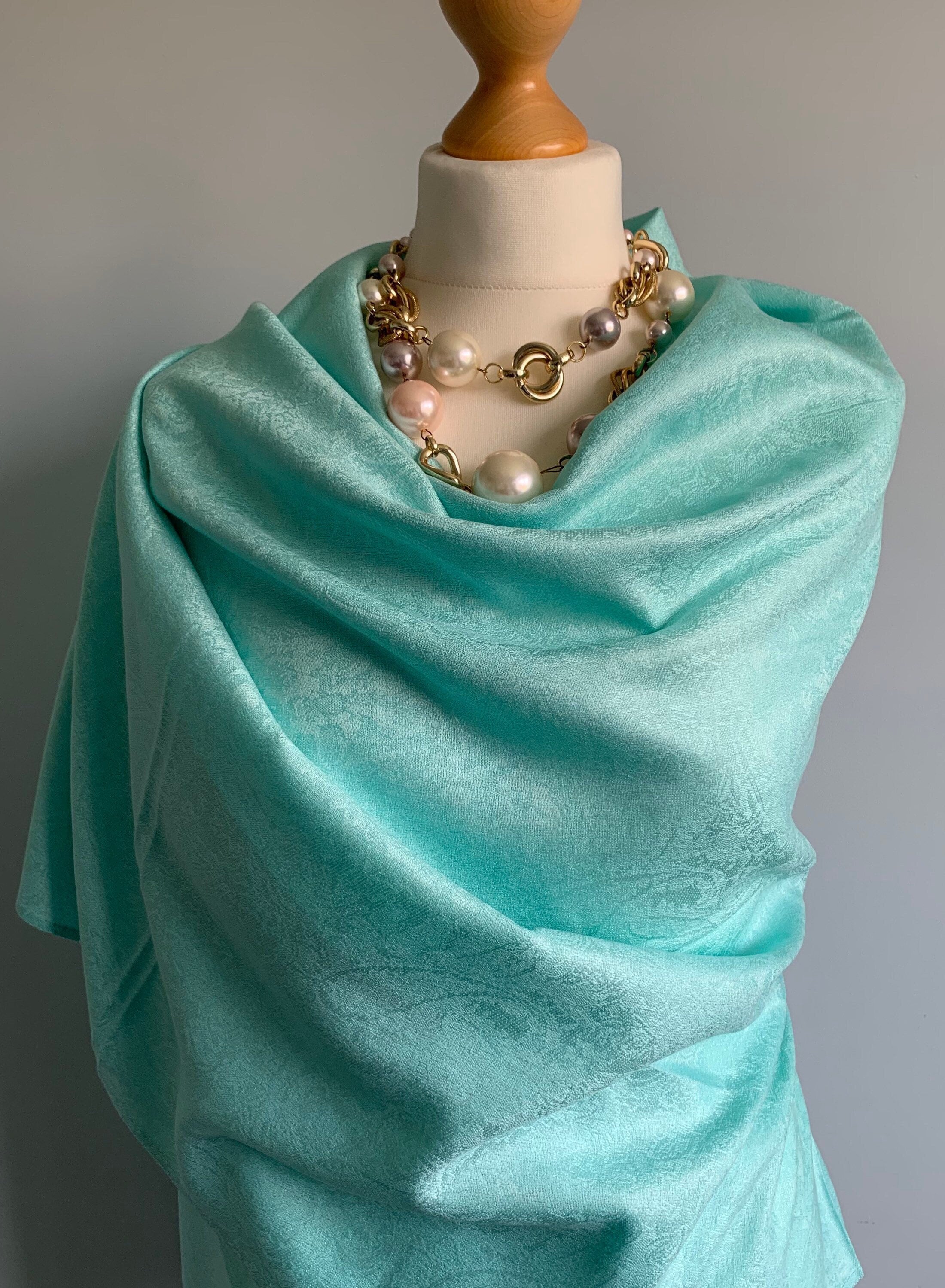 Light Mint Blue Pashmina, Cashmere & Silk Scarf, Wedding Shawl, Warm Shoulder Wrap, Luxury Gift For Her, UK Seller