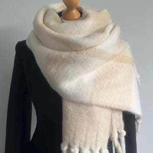 White & Beige Oversize Chunky Scarf, Mohair Boho Winter Scarf, Check Cozy Blanket Scarves,  Gift For Her, Delicate Shoulder Wrap, UK