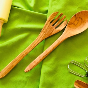 Personalized Olive Wood Utensil Set Wooden Salad Servers 11.8&quot; Olive Wood Kitchen Utensils Mothers day Gift For Women Rustic Kitchen