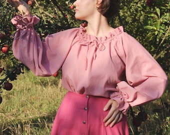 Vintage Inspired Linen Blouse “Poet” : Ruffled Poet Shirt, Victorian Renaissance Style