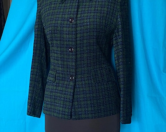 Vintage Alexon Tartan Textured Blazer - Blue and Green Tartan - 1990s Viscose Jacket