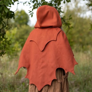 May include: An orange-red hooded cloak with a leaf-shaped design. The cloak is made of a textured fabric and is worn over a brown dress. The background is a blurred view of green trees and foliage.