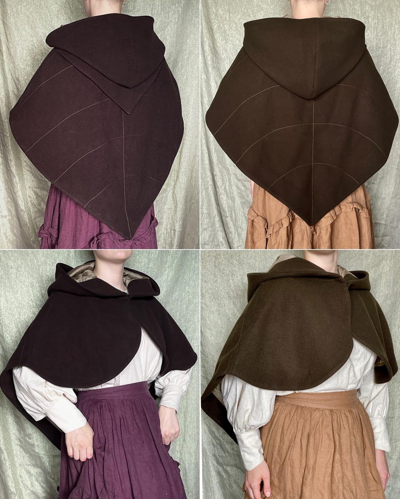 May include: A hooded cape in dark brown or olive green, featuring a leaf-shaped design with stitched vein details on the back. The cape has a rounded front opening and a hood, shown worn over a white long-sleeve shirt and a solid-colored skirt.