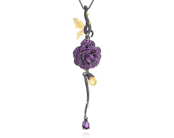 925 Silver Handmade Rose Flower | Necklace For Women |  Gift For Her | Black & 18k Gold |  | Natural Amethyst Gemstone Pendant
