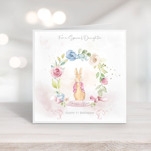 Cartão personalizado de 1º aniversário da menina Peter Rabbit em aquarela l Cartão de lembrança vintage do coelho, qualquer nome ou idade l Primeiro aniversário da filha