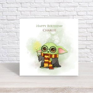 Spersonalizowana kartka urodzinowa Baby Yoda Wizard | Ręcznie robiona kartka z pozdrowieniami l Potter l ręcznie robione