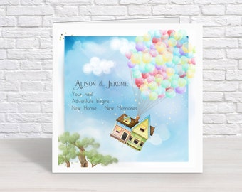 Tarjeta de bienvenida personalizada para nuevo hogar: Tarjeta de mudanza inspirada en la película "Up" de Disney.