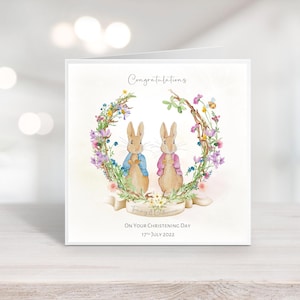 Personalisierte Aquarell Peter Rabbit Boy Mädchen Zwillinge | Taufkarte | Vintage Kaninchen-Andenken Karte | Taufe | Sohn/Tochter Enkel