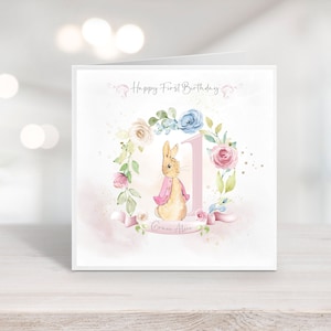 Personalisierte Aquarell Peter Rabbit Mädchen 1. Geburtstagskarte l Vintage Kaninchen-Andenken Karte jeder Name oder Alter l Tochter der erste Geburtstag