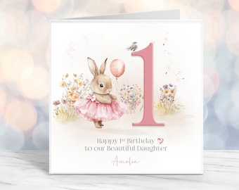 Carte d'anniversaire personnalisée aquarelle lapin l Carte souvenir lapins | n'importe quel nom | 1-10 ans | Fille, petite-fille, nièce