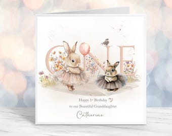 Carte d'anniversaire personnalisée aquarelle lapin l Carte souvenir lapins | n'importe quel nom/âge 1-10 ans | Fille, petite-fille, nièce