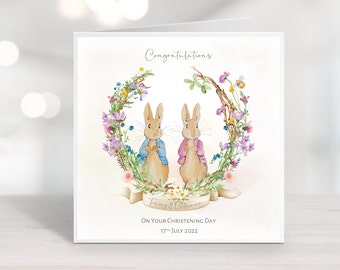 Tarjeta de bautizo personalizada de Petre Rabbit en acuarela / Recuerdo / Hermano y hermana