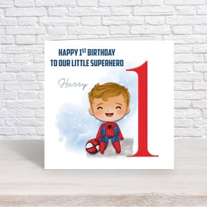 Personalisierte Baby-Superhelden-Geburtstagskarte l Geburtstagskarte für Jungen l jedes Alter l jeder Name l Spiderman und Freund l Superheld