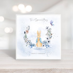 Cartão personalizado de 1º aniversário de coelho aquarela para meninos l Cartão de lembrança de coelho vintage com qualquer nome ou idade l Primeiro aniversário de filho/neto