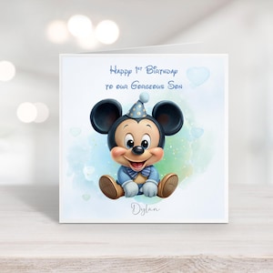 Personalisierte süße Micky Maus Geburtstagskarte | Baby Geburtstagskarte | Sohn, Bruder, Neffe, Enkel beliebiger Name und Alter | ersten Geburtstag