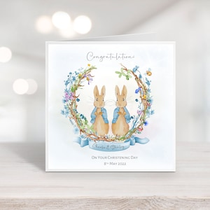Personalisierte Aquarell Kaninchen Zwillinge Jungen Taufkarte l Vintage Kaninchen Erinnerungskarte | Taufkarte | Söhne | Enkel | Neffen