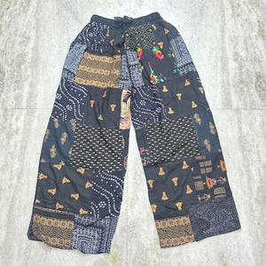 Bohemian Patchwork Palazzo Pants, Rayon Patchwork Trouser, Traveling and Hiking Beachwear Summer Pant, Plus Size Hippie Pants, Boho Fashion
