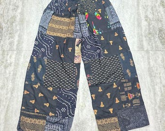 Boho Patchwork Rayon Palazzo Pants: Elastic Waist Hippie Trousers