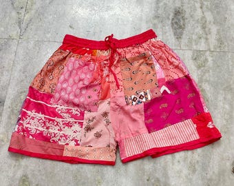Boho Patchwork Shorts with Pockets, Pink Rayon Yoga Shorts.