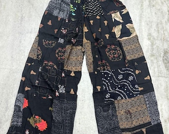 Patchwork Rayon Hippie Pants, Unisex Wide Leg Festival Trousers.