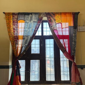 Boho Patchwork Vintage Colorful Window Silk Saree Curtain, Home Decor Panels.