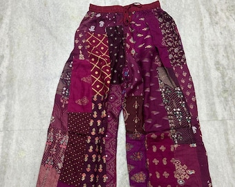 Patchwork Rayon Hippie Pants, Boho Flare Palazzo Lounge Wear.