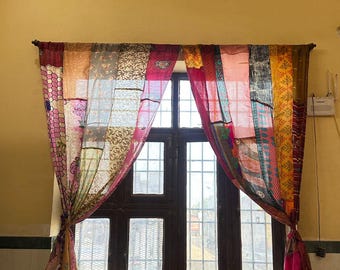 Vintage Silk Sari Patchwork Curtain Colorful Window Drapes Boho Home Decor Handmade Indian Panel.
