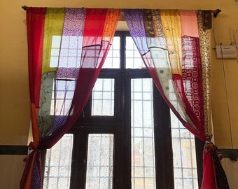 Handmade Recycled Silk Saree Curtain Panel Boho Patchwork Window Decor Indian Home Accent