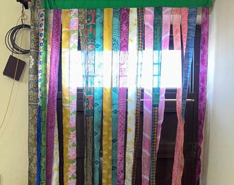 Vintage Silk Patchwork Window Door Curtain Ethnic Boho Home Decor Handmade Indian Drapery.