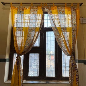 FREE SHIPPING - 1 Pair Indian Recycled Sari Silk Curtain Drapes, Boho Hippie Curtain, Room Decor Patchwork Curtain, Window Decor Curtain