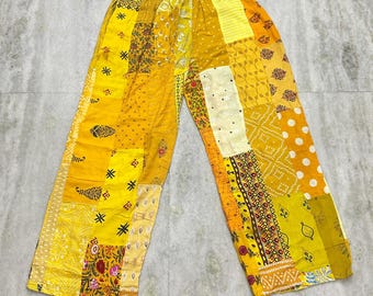 Boho Patchwork Palazzo Pants, Unisex Hippie Wide Leg Rayon Trousers.