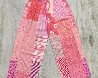 Boho Hippie Patchwork Palazzo Pants, Rayon Blend, Drawstring Clouser.