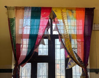 Indian Handmade Vintage Silk Saree Patchwork Curtain Bohemian Boho Window Panel Home Decor Drapery