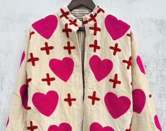 Velvet Suzani Bomber Jacket, Boho Heart Embroidered Coat, Vintage Inspired Statement Outerwear, Ethnic Jacket.