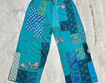 Boho Patchwork Rayon Palazzo Pants: Hippie Festival Wide-Leg Trousers