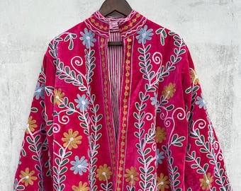 Handmade Suzani Embroidery Velvet Jacket, Artisan Bohemian Coat