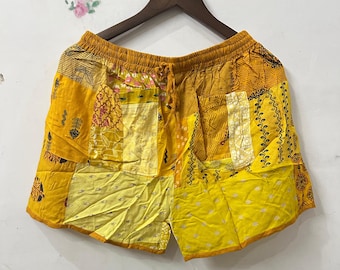 Yellow Patchwork Rayon Shorts: Handmade Boho Hippie Yoga Wear