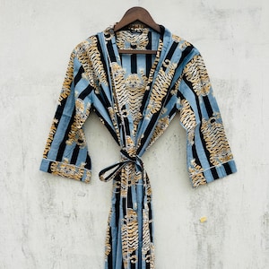 Tiger Print Cotton Kimono Robe: Japanese Style Lounge Wear