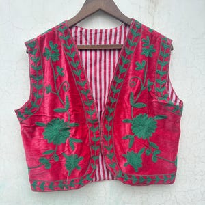 Velvet Suzani Vest: Hand-Embroidered Floral Sleeveless Coat