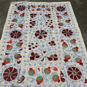 Handmade Suzani Bedspread: Bohemian Embroidered Cotton Tapestry