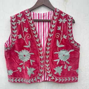 Hand Embroidered Velvet Suzani Vest: Bohemian Sleeveless Jacket