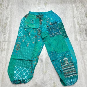 Pantalones harem unisex estilo boho con patchwork, pantalones hippies de rayón.