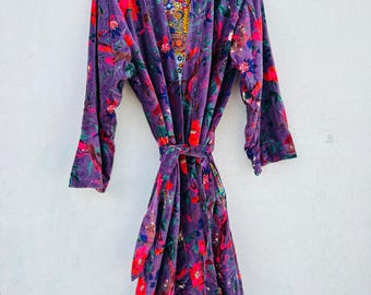 Handmade Velvet Kimono Robe: Bird Print Reversible Boho Duster