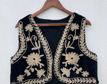 Velvet Suzani Vest, Bohemian Floral Waistcoat, Embroidered Jacket, Winter Layering Style.