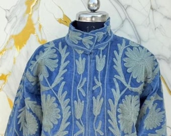 Boho Suzani Velvet Jacket - Embroidered Floral, Free Size